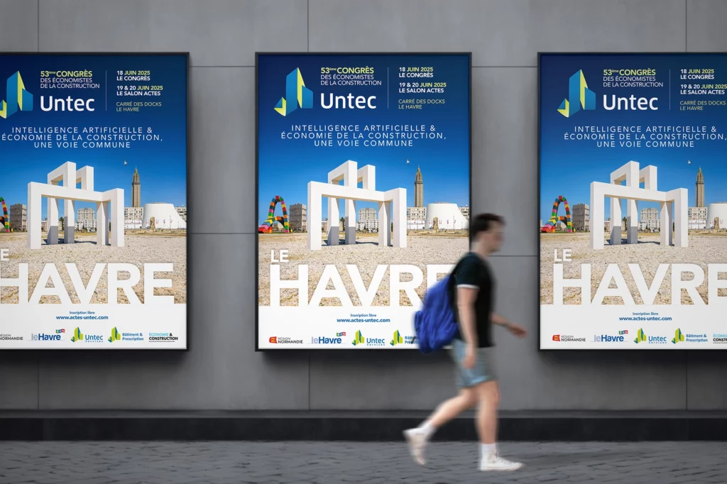 Affiche du congrès Untec au Havre 2025 exposée, réalisée par l'agence Alkantara