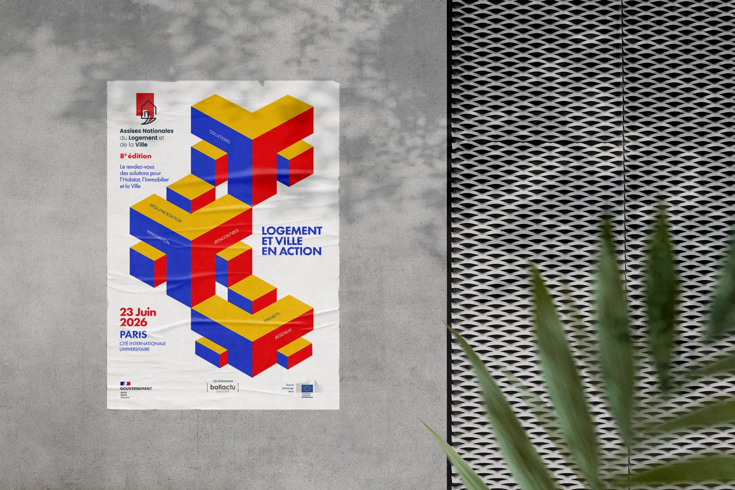 Affiche du Salon Assises Logement 2026 exposée, réalisée par l'agence Alkantara