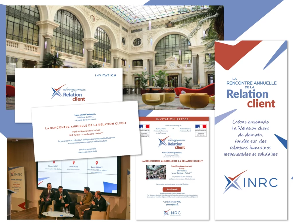 Photomontage de supports print des Rencontres Annuelles de la Relation Client INRC, conception Agence Alkantara
