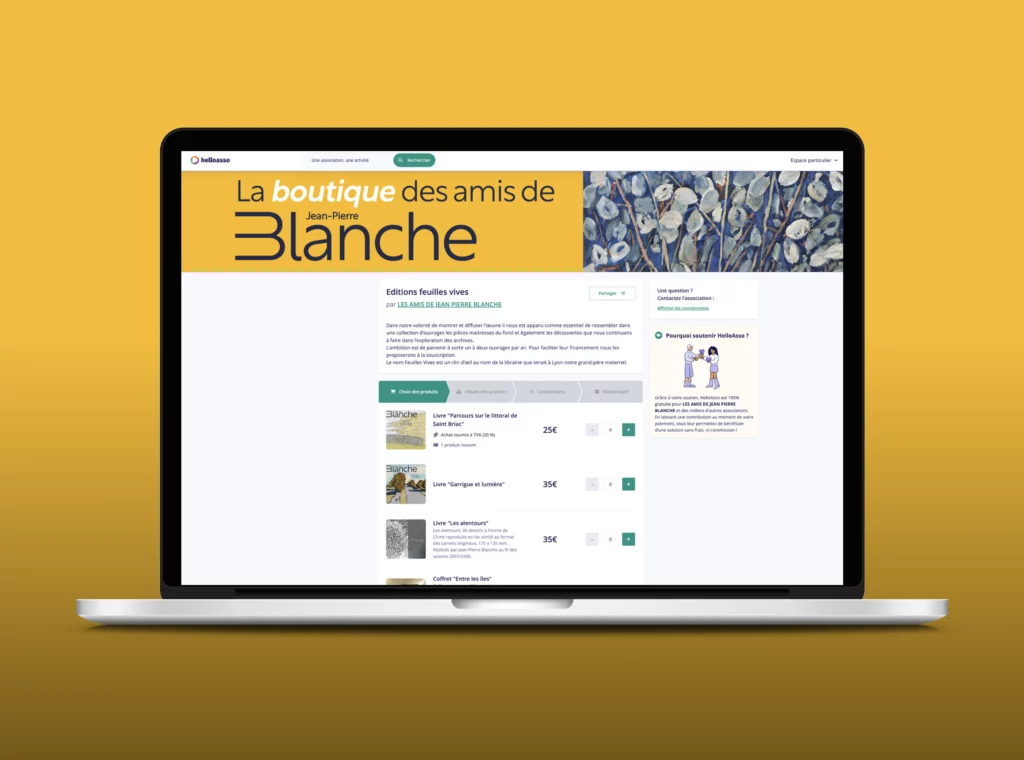 Boutique HelloAsso des Amis de Jean-Pierre Blanche, création et charte graphique Agence Alkantara