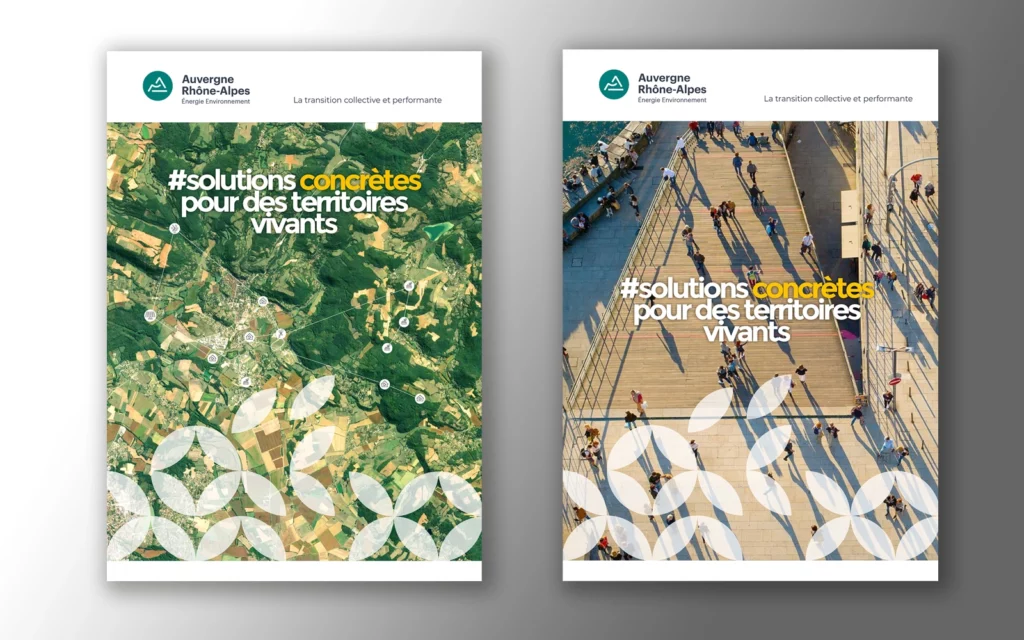 Couvertures de brochures de la Région Auvergne-Rhône-Alpes Énergie Environnement, conception Agence Alkantara