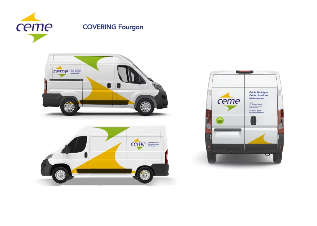 Véhicule utilitaire CEME sous trois angles avec charte graphique conçue par l'agence Alkantara
